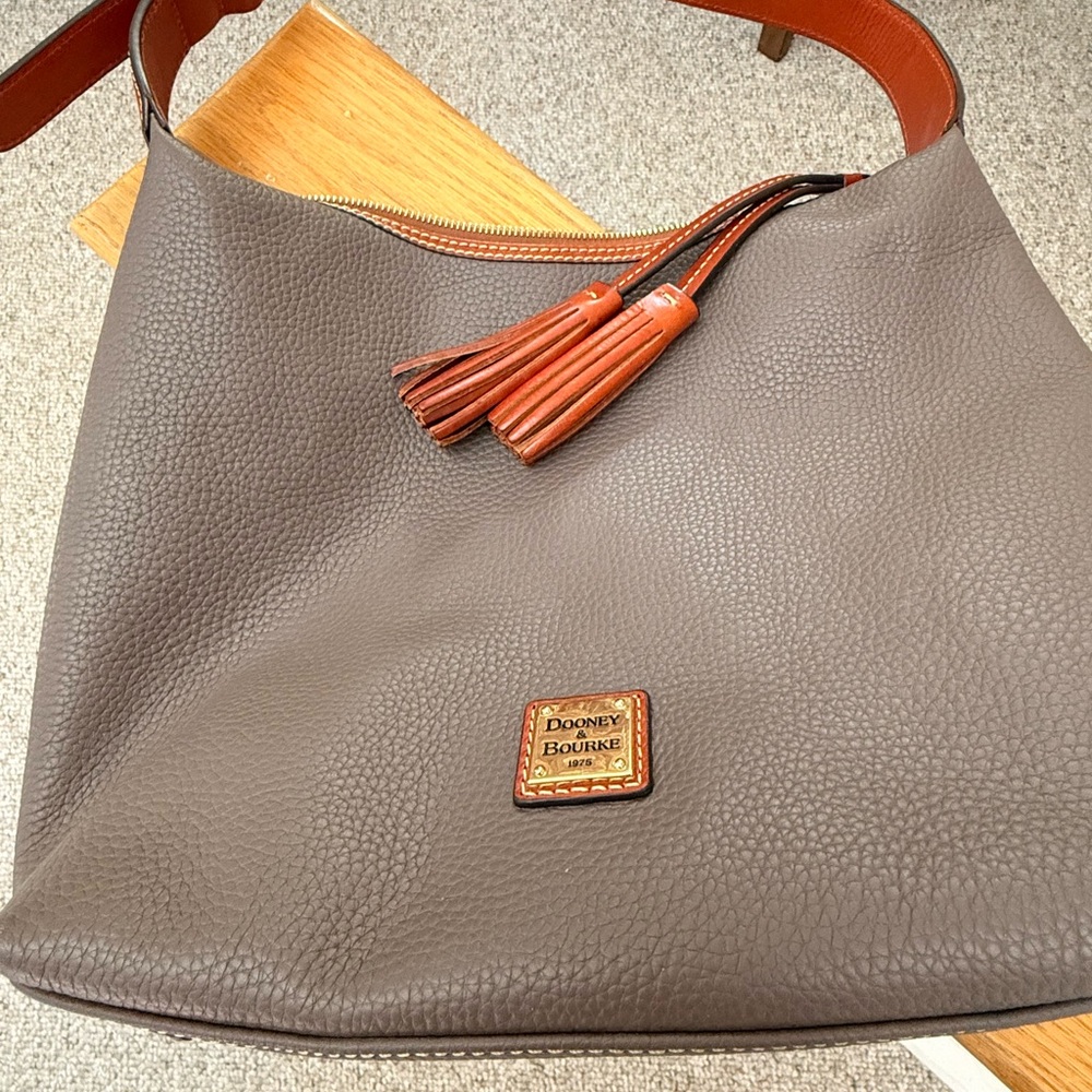 Dooney & Bourke Taupe Leather Hobo Bag with Brown Trim